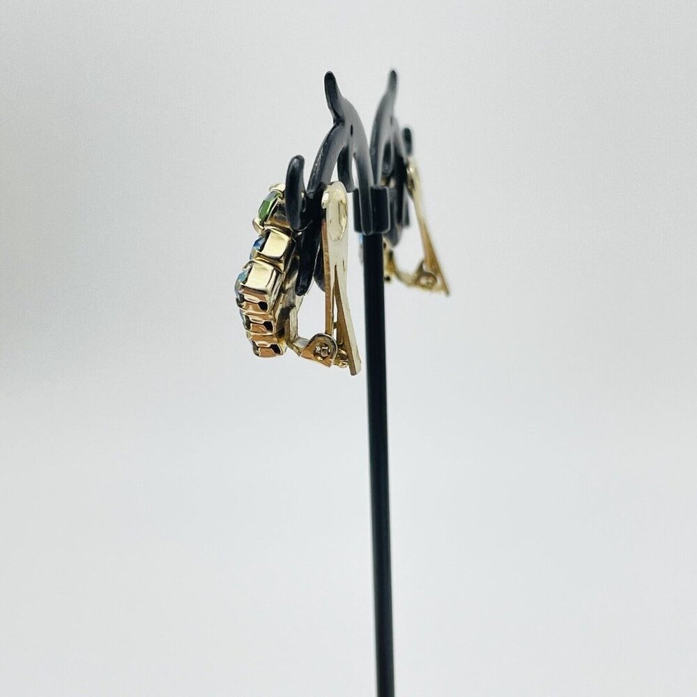 Vintage Square Aurora Borealis Earrings Gold Tone Clip On Glam Bling Sparkle - Picture 6 of 9